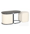 Table basse avec 2 poufs intégrés bois et tissu crème Livaretti - 