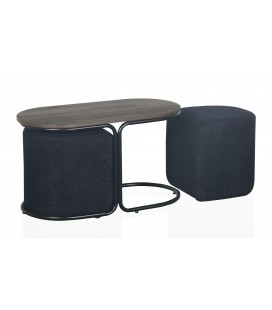 Table basse avec 2 poufs intégrés bois et tissu noir Livaretti