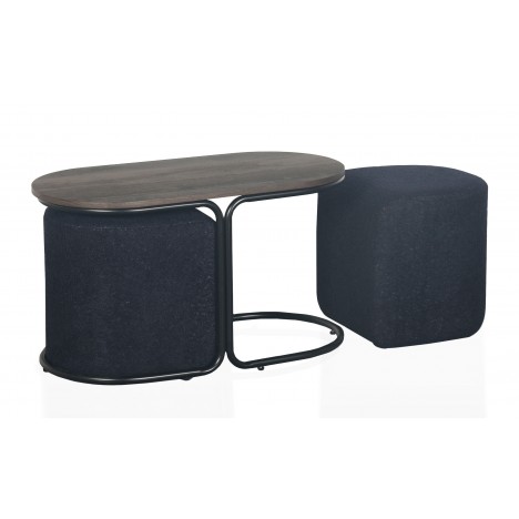 Table basse avec 2 poufs intégrés bois et tissu noir Livaretti - 