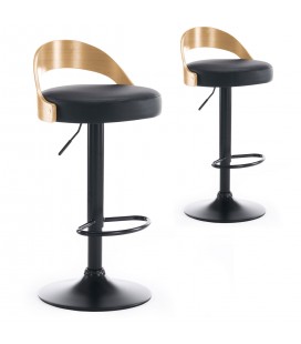 Lot de 2 chaises de bar bois chêne clair et simili noir Lorenzo