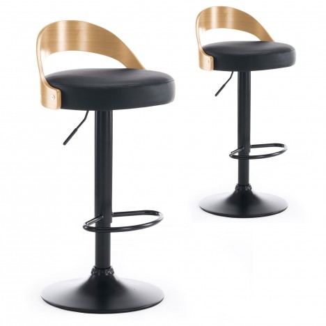 Lot de 2 chaises de bar bois chêne clair et simili noir Lorenzo - 