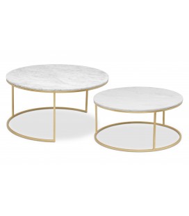 Ensemble de 2 tables basses rondes métal doré et marbre blanc Lotus