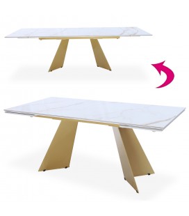 Table extensible moderne céramique effet marbre blanc pieds doré Luis