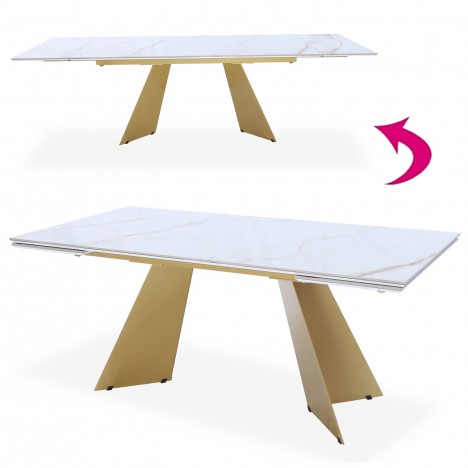 Table extensible moderne céramique effet marbre blanc pieds doré Luis - 