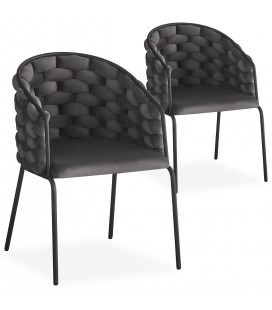 Lot de 2 chaises design au dossier arrondi style maillage velours gris et métal noir Manuel