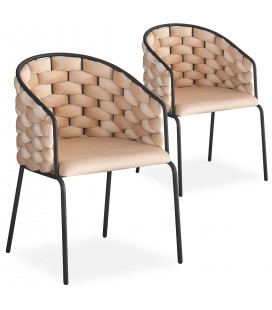 Lot de 2 chaises design au dossier arrondi style maillage velours beige et métal noir Manuel