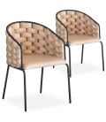 Lot de 2 chaises design au dossier arrondi style maillage velours beige et métal noir Manuel - 