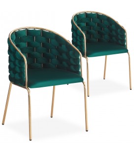 Lot de 2 chaises design au dossier arrondi style maillage velours vert et métal doré Manuel