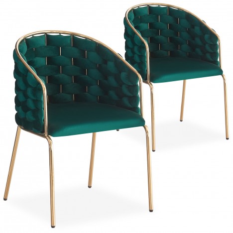 Lot de 2 chaises design au dossier arrondi style maillage velours vert et métal doré Manuel - 