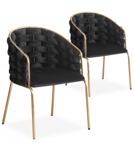 Lot de 2 chaises design au dossier arrondi style maillage velours noir et métal doré Manuel