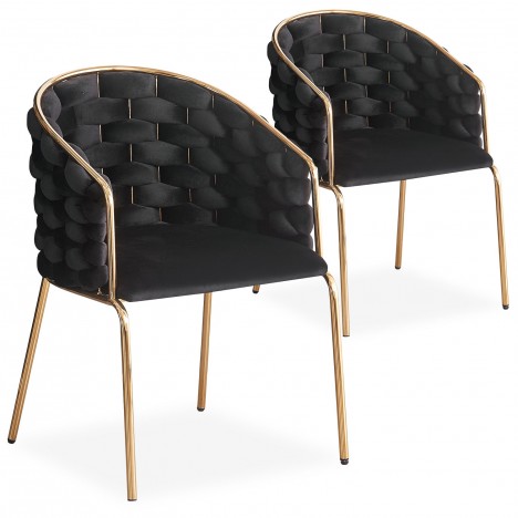 Lot de 2 chaises design au dossier arrondi style maillage velours noir et métal doré Manuel - 