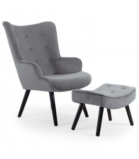 Fauteuil scandinave + pouf velours gris Milly