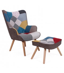 Fauteuil scandinave + pouf tissu patchwork Milly