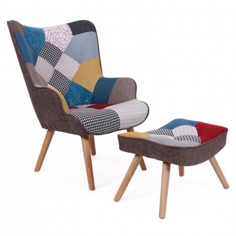 Fauteuil scandinave + pouf tissu patchwork Milly - 