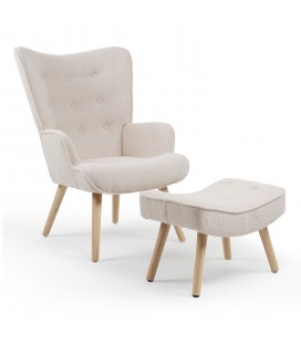 Fauteuil scandinave + pouf tissu bouclette lainée crème Milly