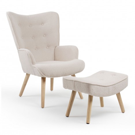 Fauteuil scandinave + pouf tissu bouclette lainée crème Milly - 