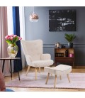 Fauteuil scandinave + pouf tissu bouclette lainée crème Milly - 