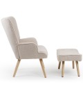 Fauteuil scandinave + pouf tissu bouclette lainée crème Milly - 