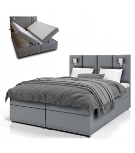 Lit boxspring lumière intégrée avec matelas et sur-matelas 140x190cm tissu gris Michael