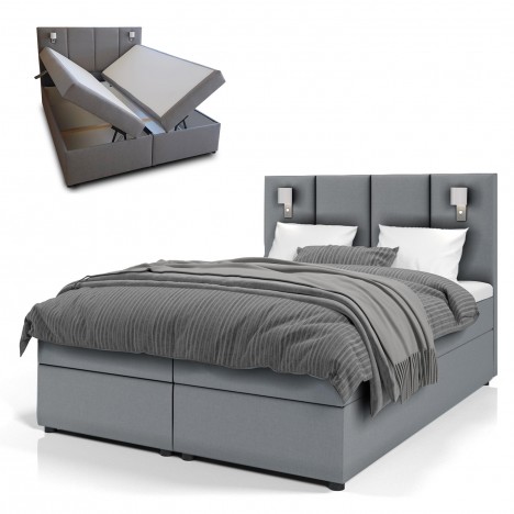 Lit boxspring lumière intégrée avec matelas et sur-matelas 140x190cm tissu gris Michael - 