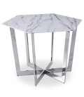 Table hexagonale 120cm verre effet marbre blanc et pied métal argenté Norwich - 