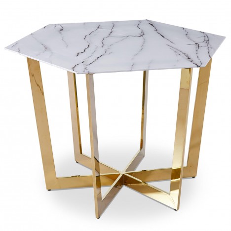 Table hexagonale 120cm verre effet marbre blanc et pied métal doré Norwich - 