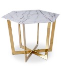 Table hexagonale 120cm verre effet marbre blanc et pied métal doré Norwich - 