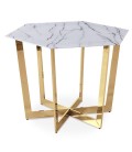 Table hexagonale 120cm verre effet marbre blanc et pied métal doré Norwich - 