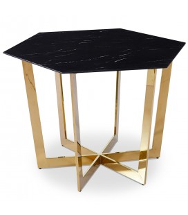 Table hexagonale 120cm verre effet marbre noir et pied métal doré Norwich