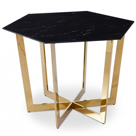 Table hexagonale 120cm verre effet marbre noir et pied métal doré Norwich - 