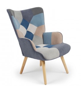 Fauteuil scandinave effet patchwork velours gris et bleu Odin