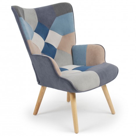 Fauteuil scandinave effet patchwork velours gris et bleu Odin - 