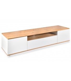 Meuble TV banc 180cm 3 tiroirs bois clair et blanc Ola