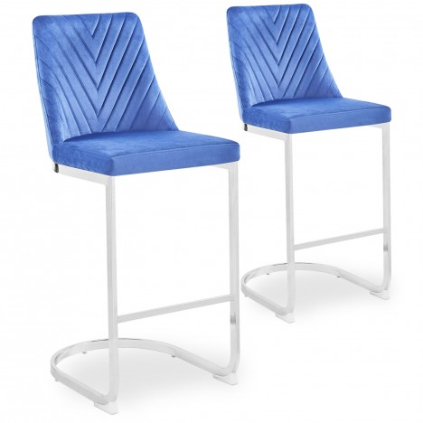 Lot de 2 chaises de bar design velours bleu Oxford - 