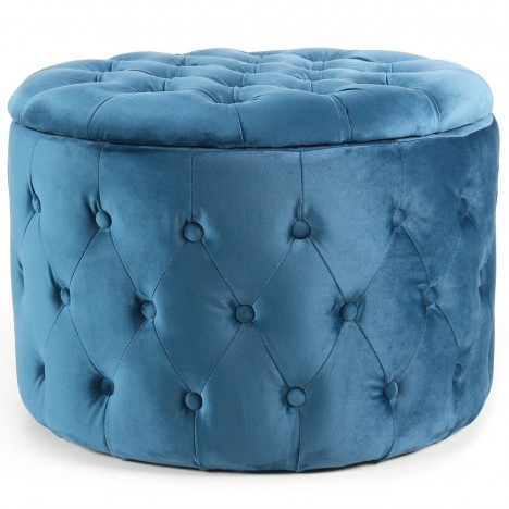 Pouf coffre rond en velours capitonné bleu Petunia - 