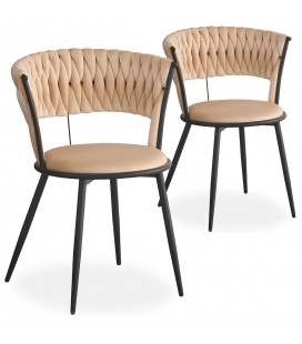 Lot de 2 chaises design au dossier arrondi style maillage velours beige et métal noir Rafael