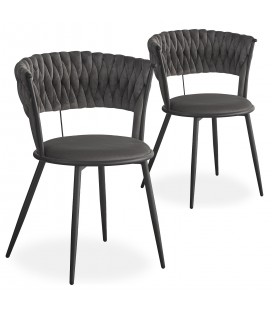 Lot de 2 chaises design au dossier arrondi style maillage velours gris et métal noir Rafael