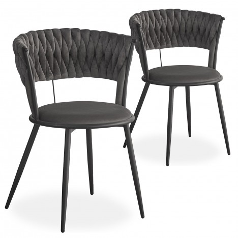 Lot de 2 chaises design au dossier arrondi style maillage velours gris et métal noir Rafael - 