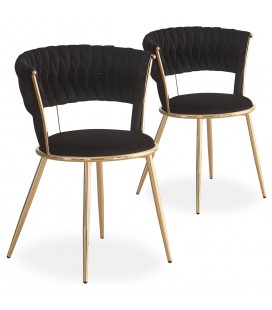 Lot de 2 chaises design au dossier arrondi style maillage velours noir et métal doré Rafael