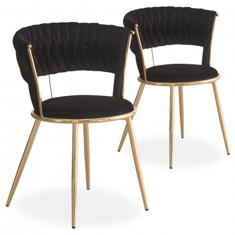 Lot de 2 chaises design au dossier arrondi style maillage velours noir et métal doré Rafael - 