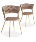 Lot de 2 chaises design au dossier arrondi style maillage velours taupe et métal doré Rafael - 