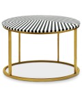 Table basse ronde style arty motif rayé noir blanc et pied doré Saga - 