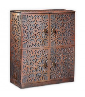 Buffet bois sculpté style oriental 4 portes l70cm cuivre rouge Salzburg