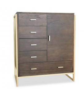 Buffet haut 5 tiroirs et 1 porte l90cm bois marron et métal doré Stuttgart