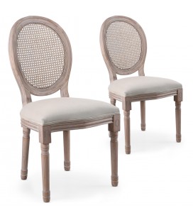 Lot de 2 chaises médaillon avec cannage bois patiné et tissu beige Turin