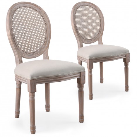 Lot de 2 chaises médaillon avec cannage bois patiné et tissu beige Turin - 