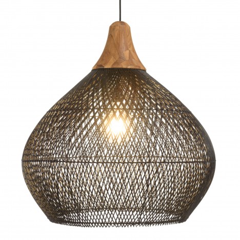 Suspension cloche 68x68cm en rotin couleur noire et teck SULA