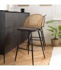 Lot de 2 tabourets d'ilot assise tissu noir dossier effet cannage ELEANA