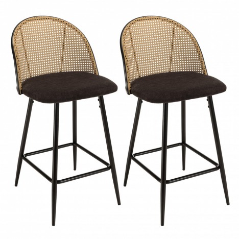 Lot de 2 tabourets d'ilot assise tissu noir dossier effet cannage ELEANA