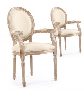 Lot de 2 chaises médaillon Louis XVI accoudoirs tissu beige Versailles